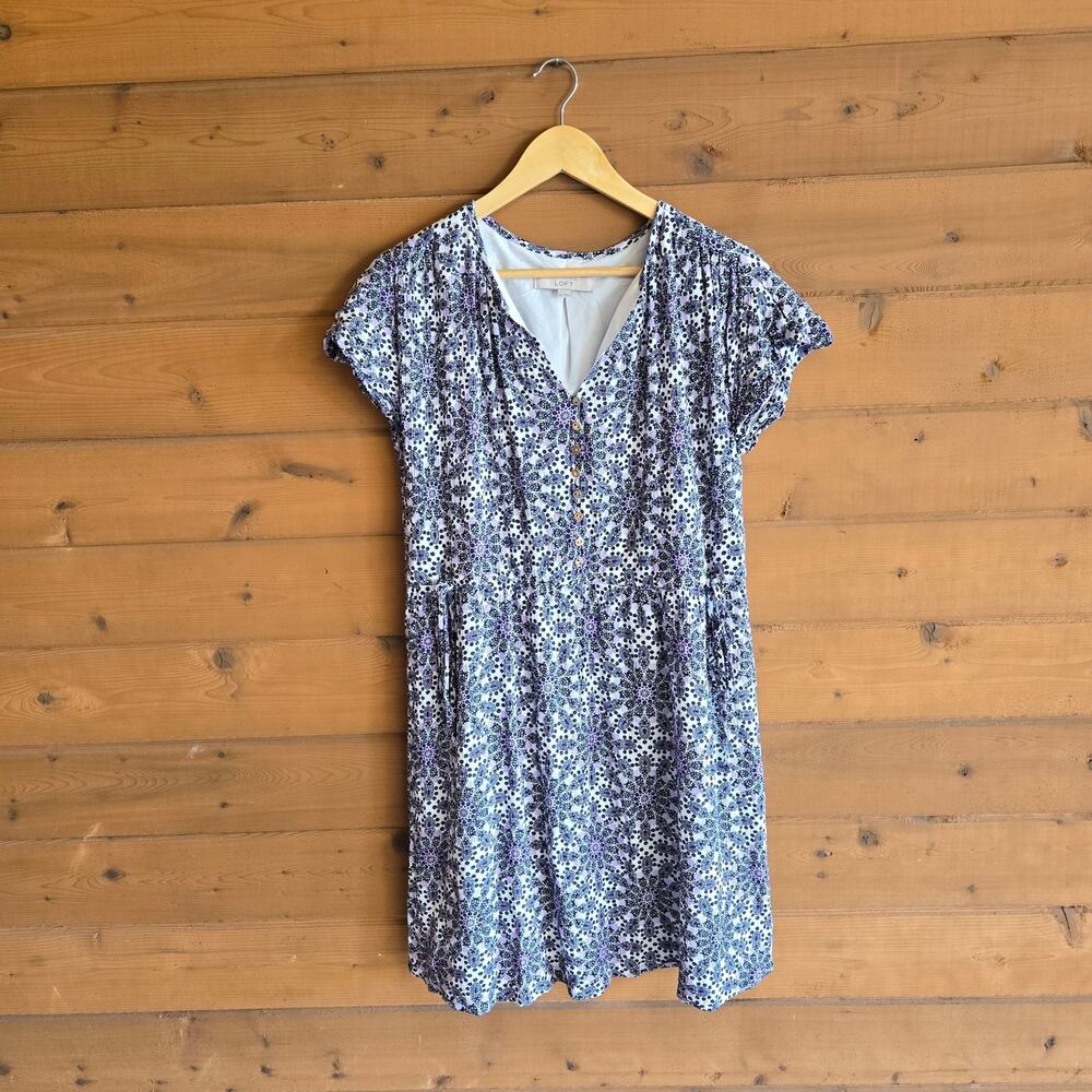 Loft Geo Dolman Tie Side Boho Summer Dress Medium Boho Short Sleeve Flowy Summer - Picture 2 of 6